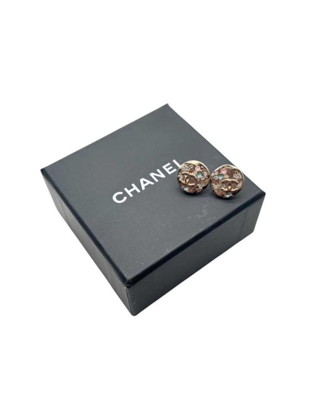Chanel CC Logo Round Earrings 16 Rhinestone Color Stone Gold Metal